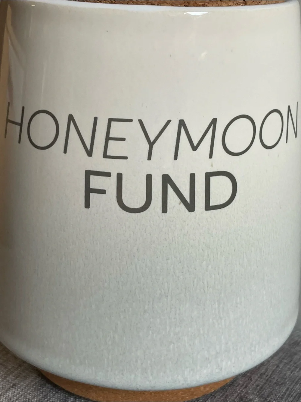 Honeymoon Fund Ceramic Money Jar with Cork Lid & Cute Little Metal Money Design